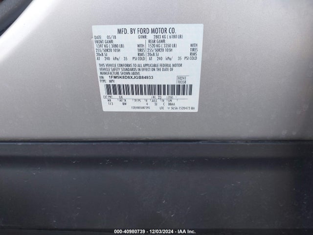 Ford EXPLORER XLT 2018 1FM5K8D8XJGB84933 Image 9