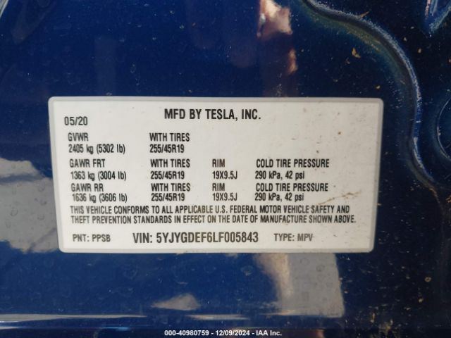 5YJYGDEF6LF005843 Tesla Model Y Long Range Dual Motor All-wheel Drive/performance Dual Motor All-wheel Drive