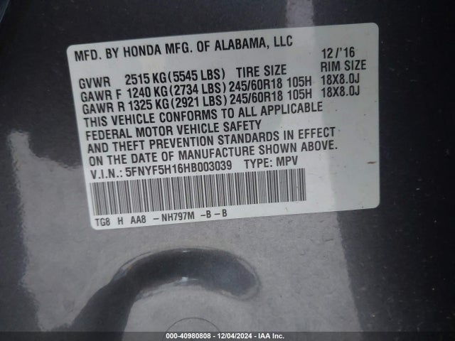 Honda PILOT LX 2017 5FNYF5H16HB003039 Image 9