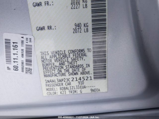 1N4AL3AP2JC214521 Nissan Altima 2.5 Sv