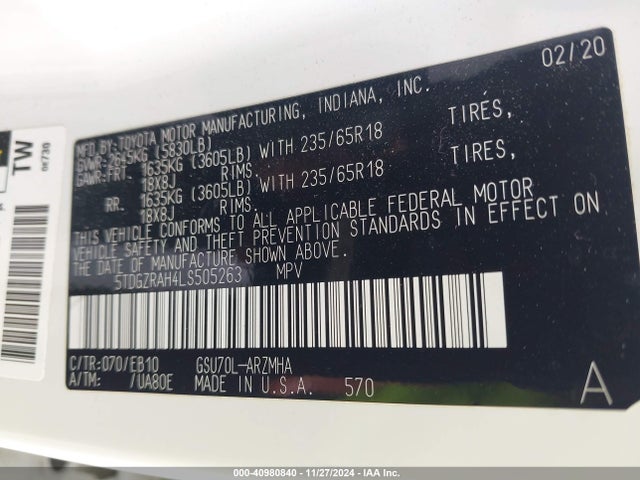 Toyota Highlander Xle 2020 5TDGZRAH4LS505263 Image 9