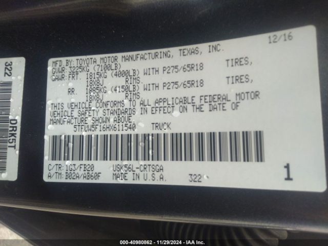 5TFUW5F16HX611540 Toyota Tundra Sr5 5.7l V8