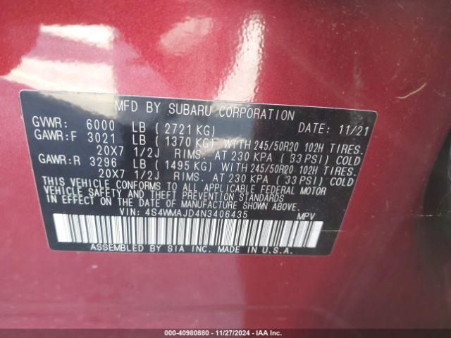 4S4WMAJD4N3406435 Subaru Ascent Onyx Edition