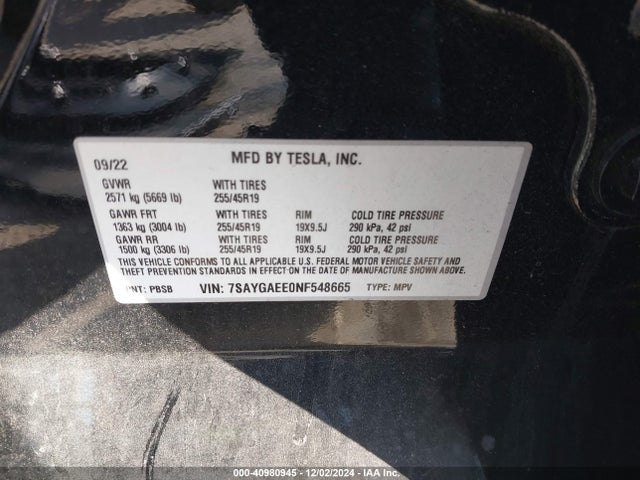 2022 TESLA MODEL Y 7SAYGAEE0NF548665 Photo 8