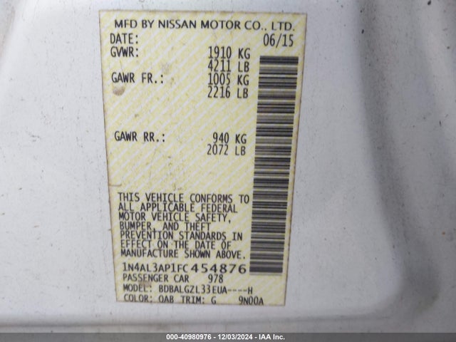 Nissan Altima 2.5 S 2015 1N4AL3AP1FC454876 Image 9