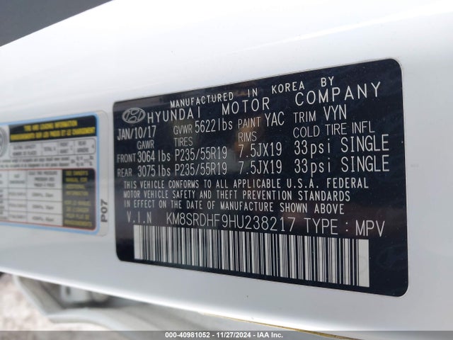 KM8SRDHF9HU238217 Hyundai Santa Fe Limited Ultimate
