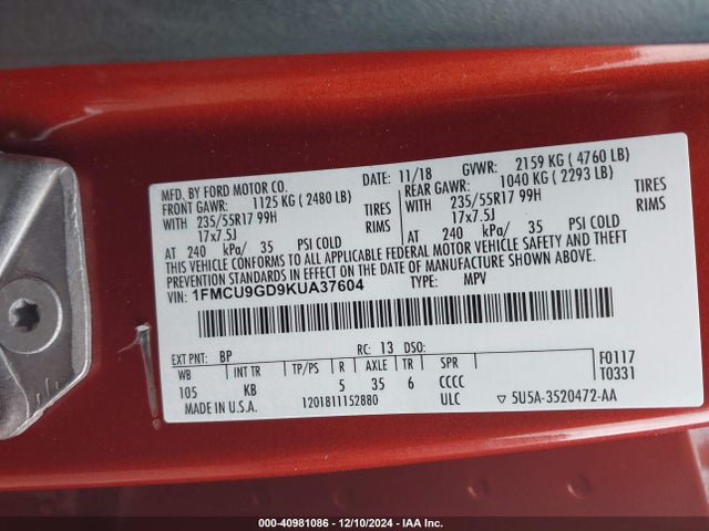 Ford ESCAPE SE 2019 1FMCU9GD9KUA37604 Image 9