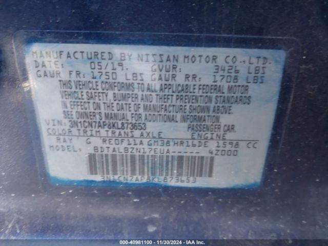 3N1CN7AP8KL873653 Nissan Versa 1.6 Sv