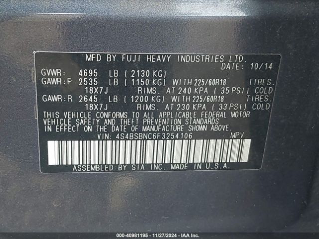 4S4BSBNC6F3254106 Subaru Outback 2.5i Limited
