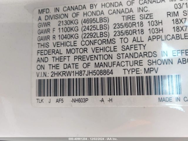 2HKRW1H87JH508864 Honda Cr-v Ex-l/ex-l Navi