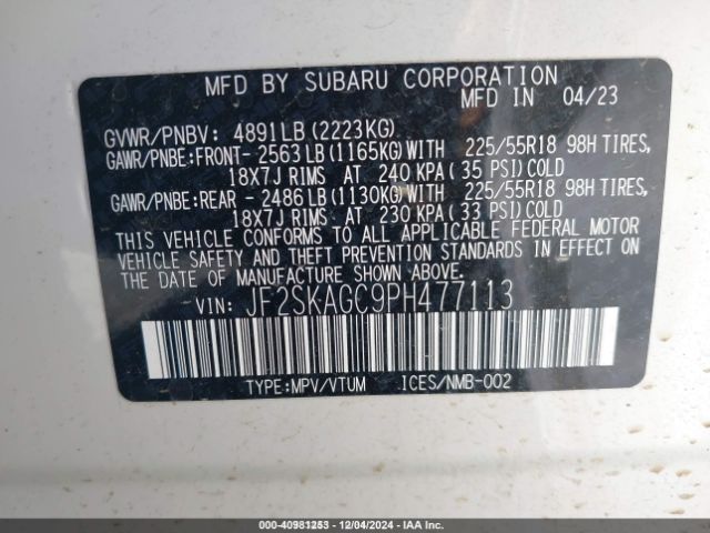 2023 SUBARU FORESTER JF2SKAGC9PH477113 Photo 8