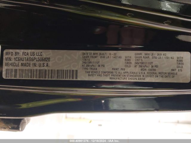 1C6HJTAG6PL506820 Jeep Gladiator Sport S 4x4