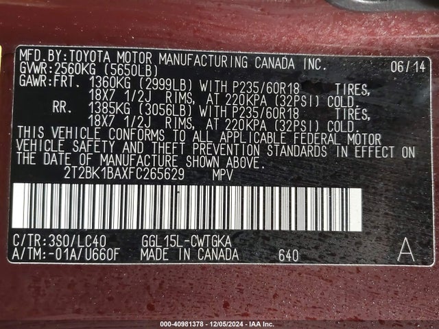 Lexus RX 350 2015 2T2BK1BAXFC265629 Image 9