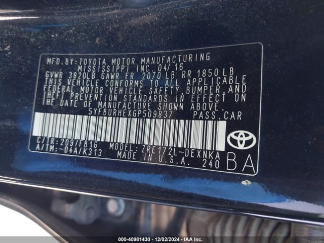 5YFBURHEXGP509837 Toyota Corolla Le Plus