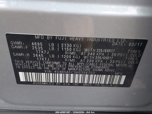 4S4BSAFC3H3356703 Subaru Outback 2.5i Premium
