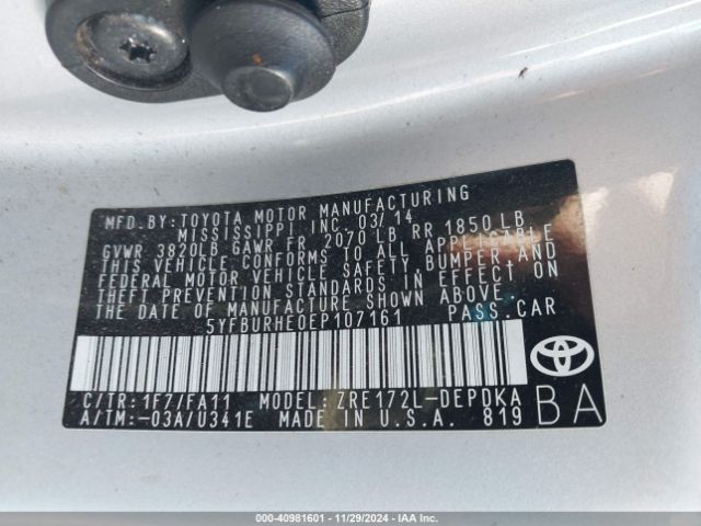 5YFBURHE0EP107161 Toyota COROLLA L