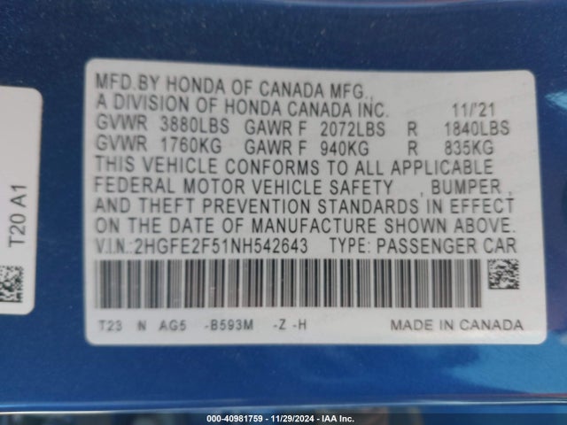 Honda k20c2 2022 2HGFE2F51NH542643 Image 26