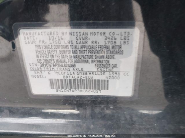 3N1CN7AP3HL824059 Nissan Versa 1.6 S+