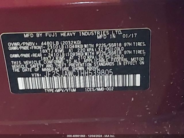 JF2SJAWC1HH539805 Subaru Forester 2.5i Touring