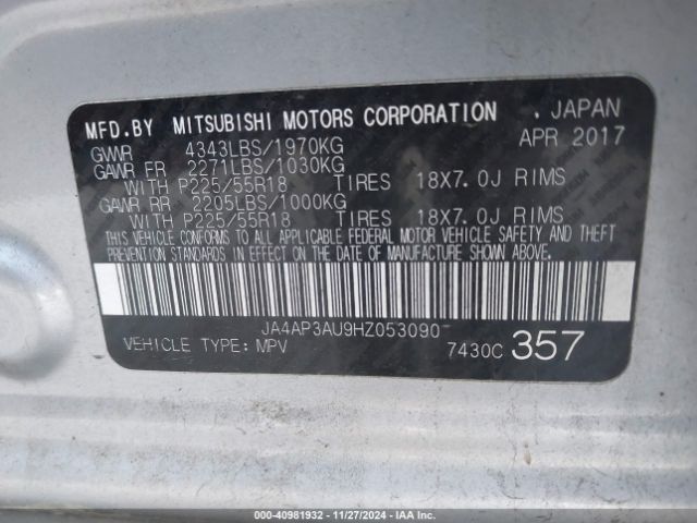 JA4AP3AU9HZ053090 Mitsubishi Outlander Sport 2.0 Es