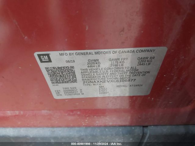 2GNAXKEVXL6106877 Chevrolet Equinox Fwd Lt 1.5l Turbo