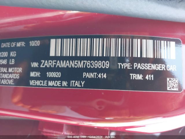 ZARFAMAN5M7639809 Alfa Romeo Giulia Rwd
