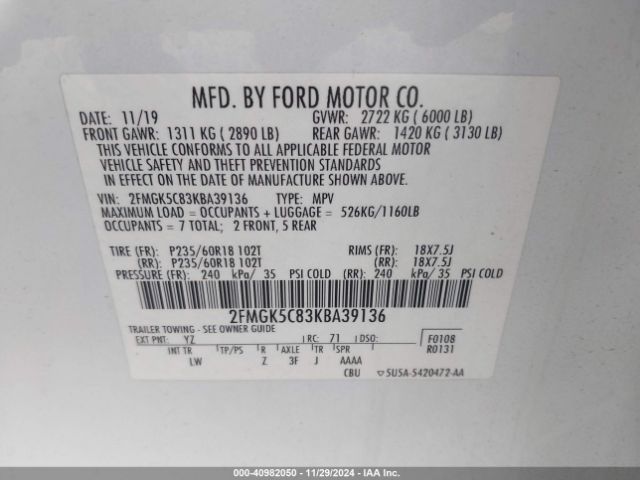 2FMGK5C83KBA39136 Ford FLEX SEL