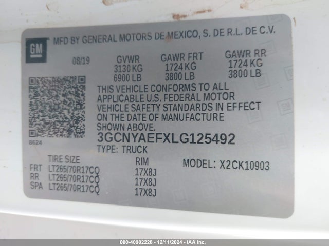 3GCNYAEFXLG125492 Chevrolet Silverado 1500 4wd  Long Bed Wt