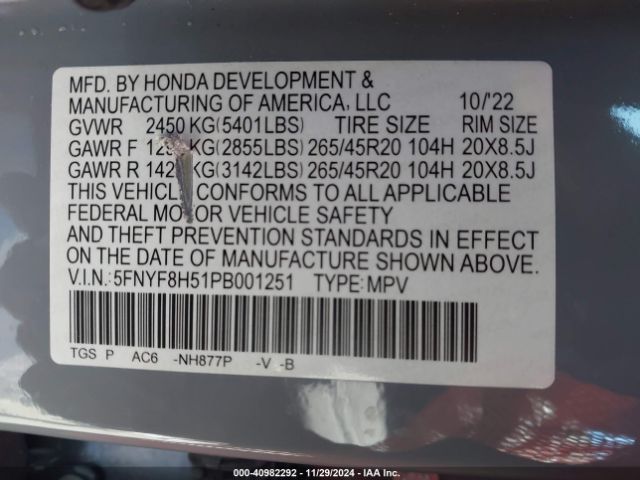 5FNYF8H51PB001251 Honda Passport Awd Ex-l