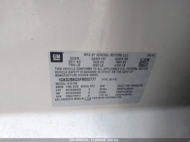 1GKS2BKC6FR655777 GMC YUKON SLT