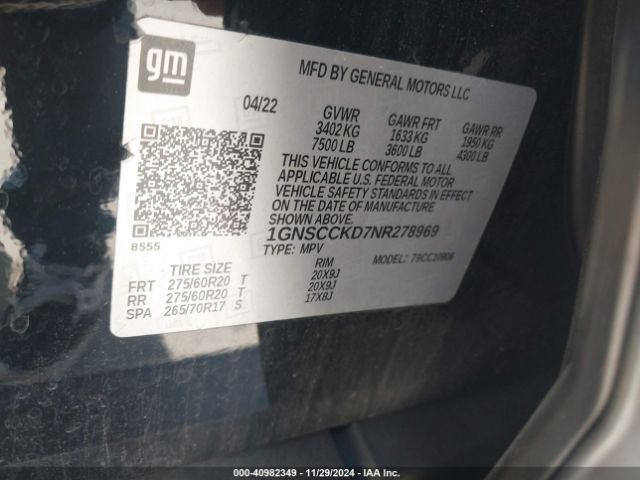 1GNSCCKD7NR278969 Chevrolet Suburban 2wd Lt