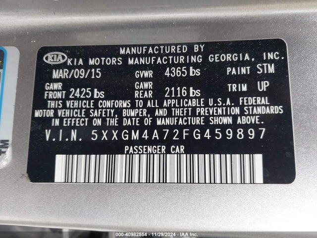 KIA Optima Lx 2015 5XXGM4A72FG459897 Image 9
