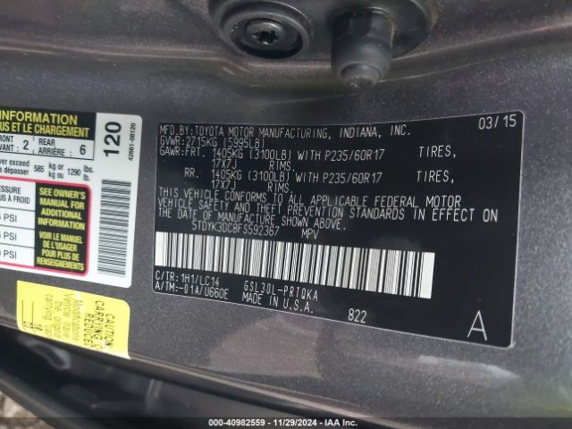 5TDYK3DC8FS592367 Toyota Sienna Xle/limited