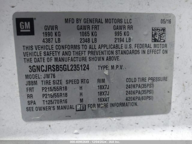 3GNCJRSB5GL235124 Chevrolet TRAX LTZ
