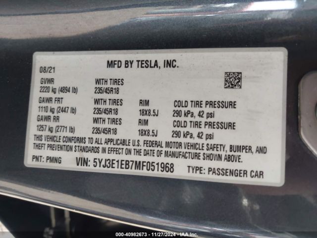 5YJ3E1EB7MF051968 Tesla Model 3 Long Range Dual Motor All-wheel Drive