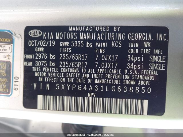 5XYPG4A31LG638850 KIA Sorento 2.4l L