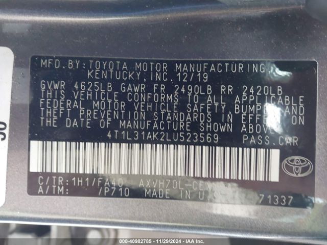 4T1L31AK2LU523569 Toyota Camry Le Hybrid