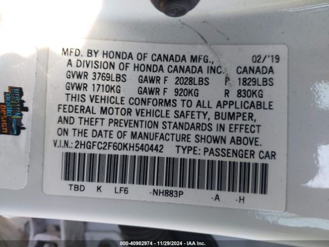 2HGFC2F60KH540442 Honda Civic Lx