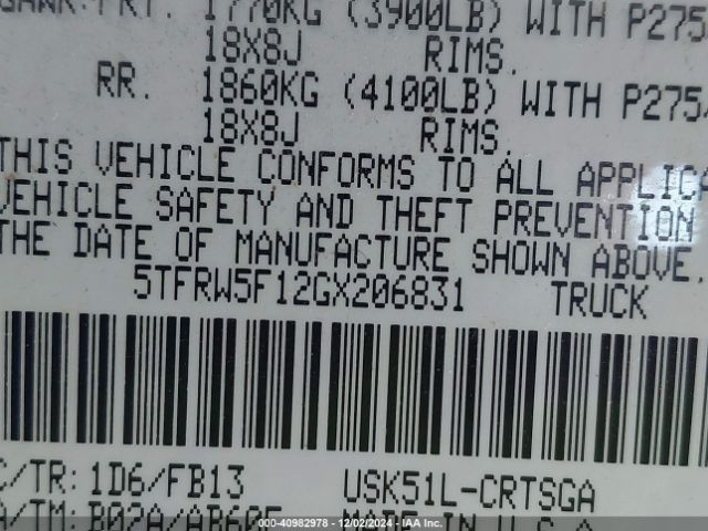 5TFRW5F12GX206831 Toyota Tundra Sr5 5.7l V8