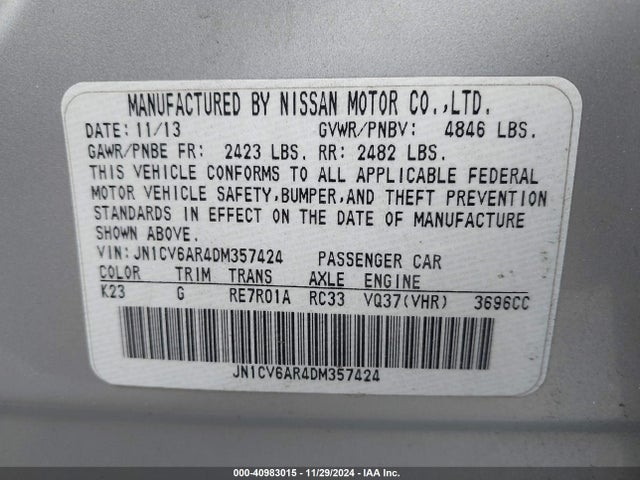 40983015 :رقم المزاد ، JN1CV6AR4DM357424 vin ، 2013 Infiniti G37x مزاد بيع