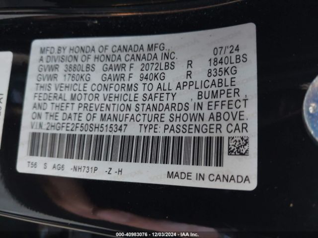 2HGFE2F50SH515347 Honda Civic Sport