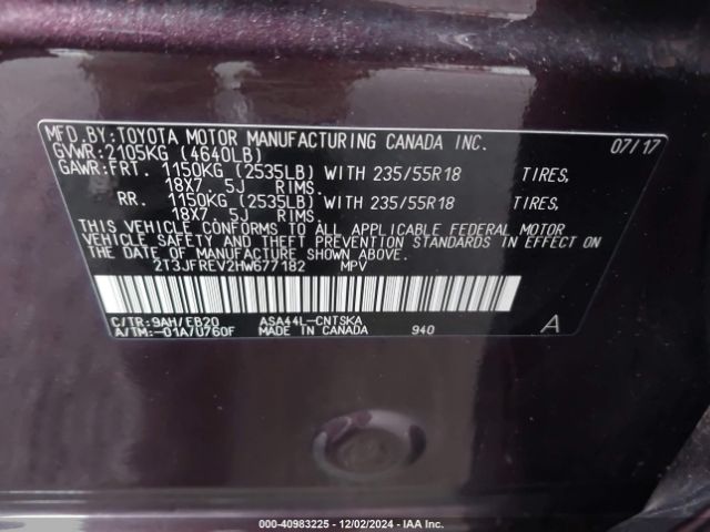 2T3JFREV2HW677182 Toyota RAV4 SE