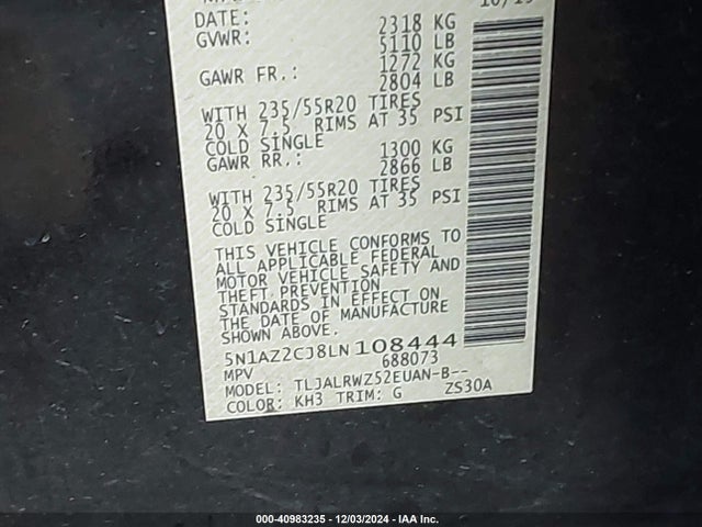5N1AZ2CJ8LN108444 Nissan Murano Sl Fwd