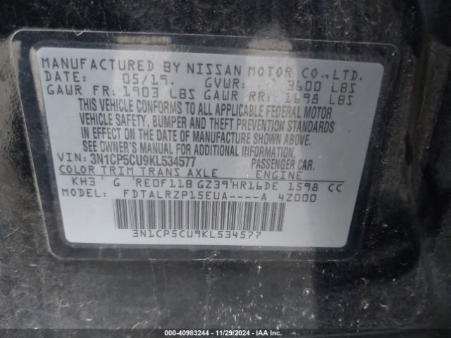3N1CP5CU9KL534577 Nissan KICKS S