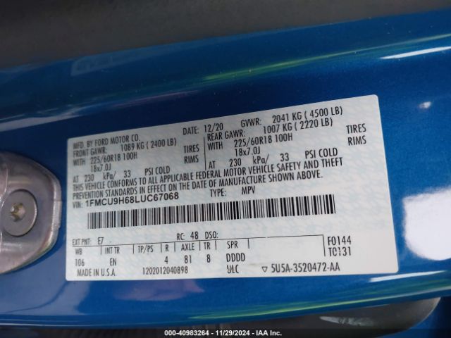 1FMCU9H68LUC67068 Ford ESCAPE SEL