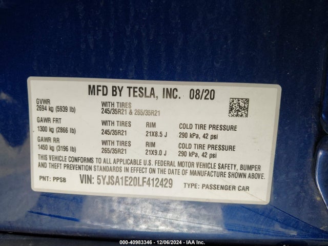 2020 TESLA MODEL S 5YJSA1E20LF412429 Photo 8