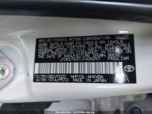 JTDKDTB37J1606297 Toyota Prius C One