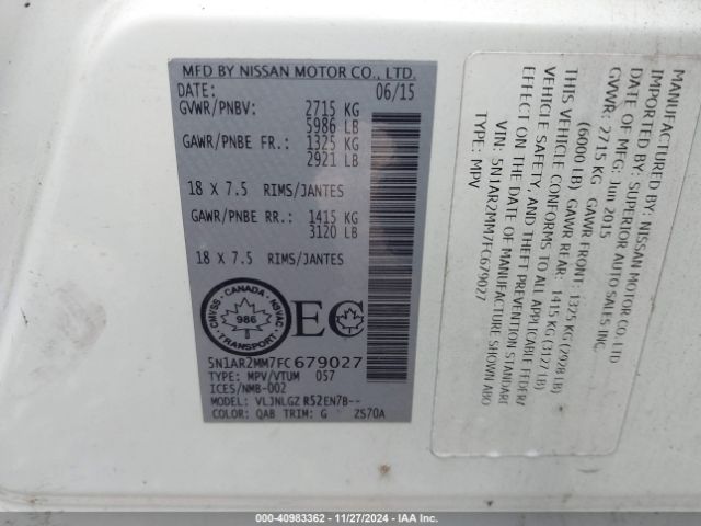 5N1AR2MM7FC679027 Nissan Pathfinder Platinum/s/sl/sv