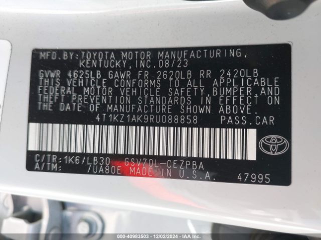 4T1KZ1AK9RU088858 Toyota Camry Xse V6