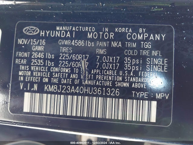 Hyundai TUCSON SE 2017 KM8J23A40HU361326 Image 9